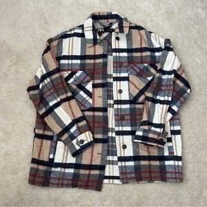 Zara Women's Plaid Shirt Jacket - Navy, Red, Beige